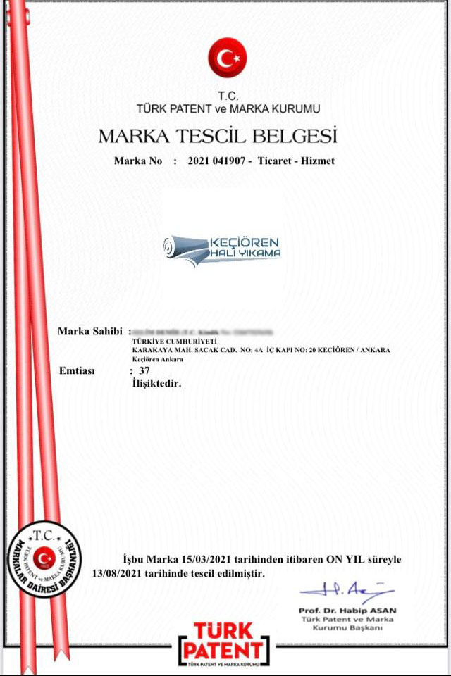 Keçiören Halı Yıkama Marka Tescil Belgesi